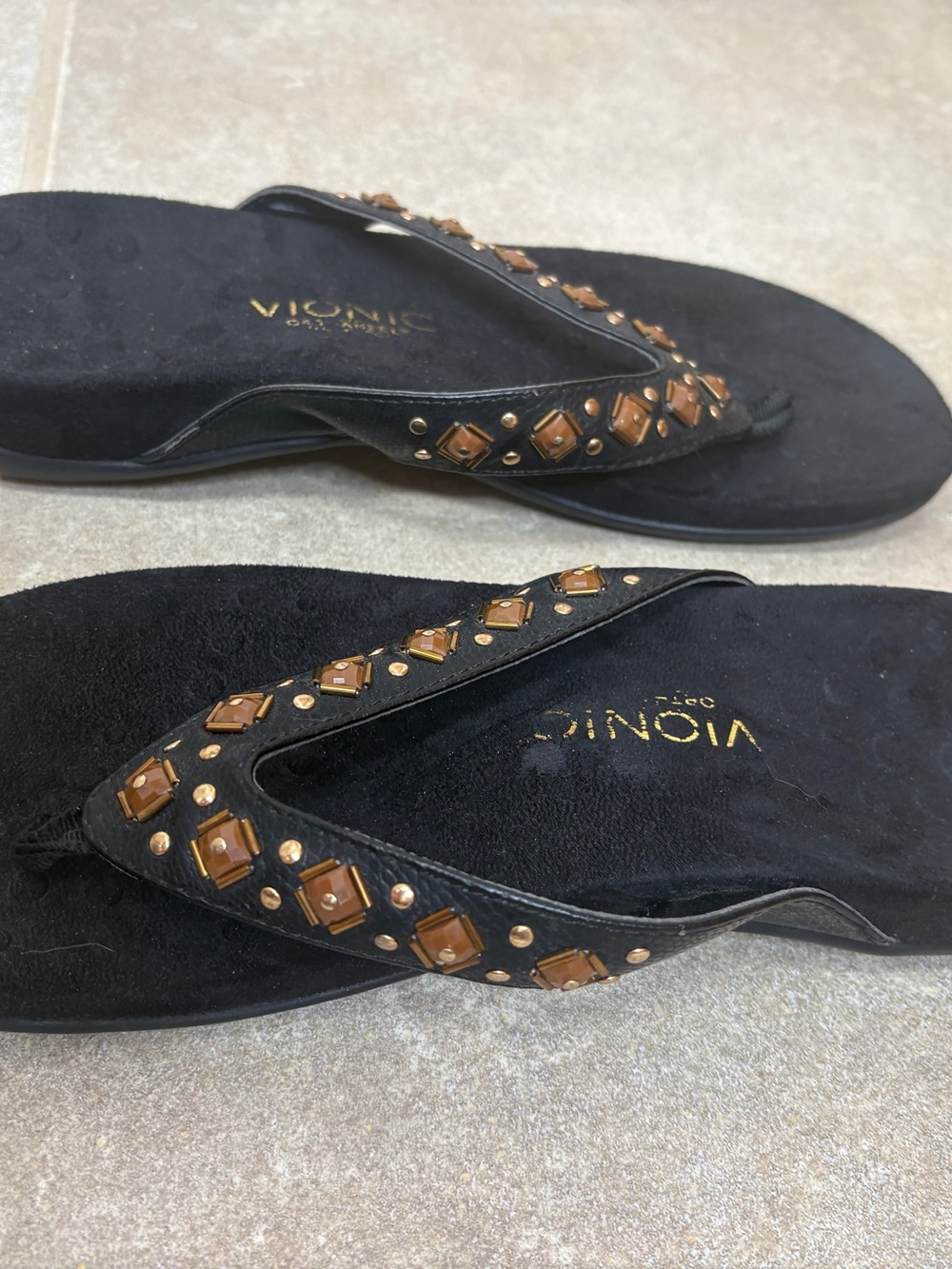 Vionic Floriana Womens 10 Black Thong Sandals Flat Slop On Flip Flops Beads